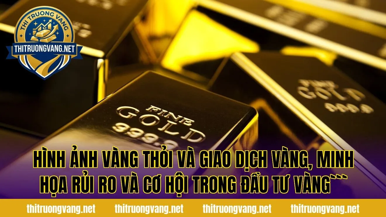 Hình ảnh vàng thỏi và giao dịch vàng, minh họa rủi ro và cơ hội trong đầu tư vàng```
