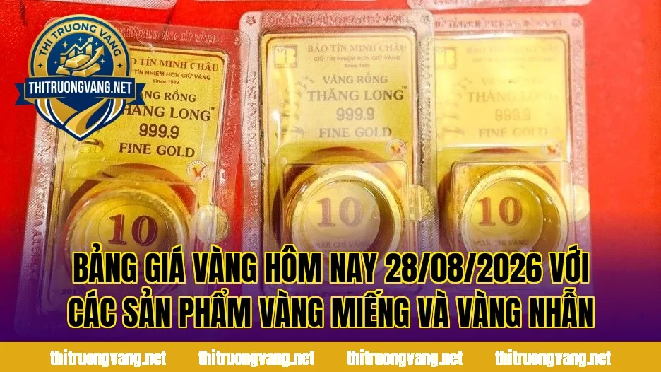 Bảng giá vàng hôm nay 28/08/2026 với các sản phẩm vàng miếng và vàng nhẫn